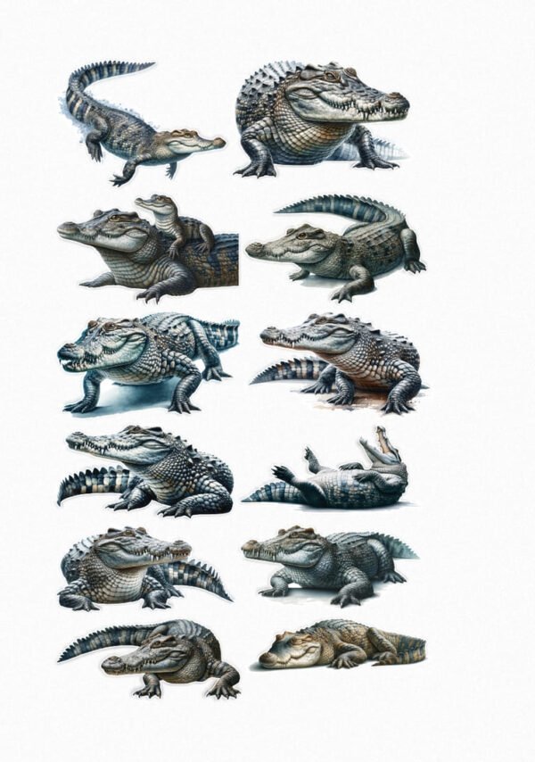 Une planche de stickers présentant une variété de crocodiles de style réaliste dans différentes poses : nageant, se prélassant, gueule ouverte, avec des bébés crocodiles, montrant leur peau écailleuse et leurs dents acérées crées par véronique, créatrice de stickers