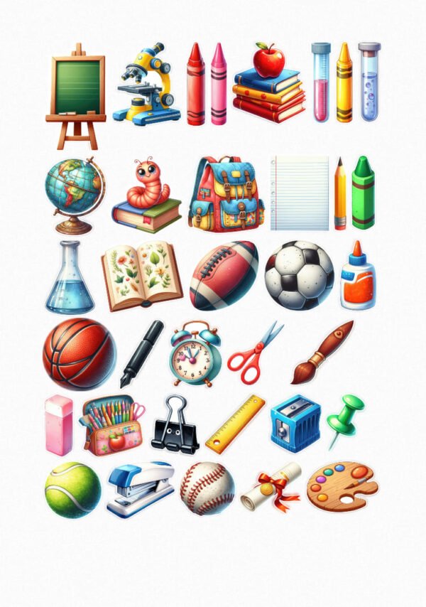 Une planche de stickers contenant une variété d'éléments scolaires colorés et dessinés dans un style cartoon : un tableau noir, un microscope, des crayons de couleur, des livres avec une pomme, des tubes à essai, un globe terrestre, un ver de livre sur un livre, un sac à dos, un cahier, un crayon, un bâton de colle, un ballon de football, un ballon de basket-ball, une fiole, un livre ouvert avec des illustrations de plantes, un ballon de rugby, un réveil, des ciseaux, un pinceau, une gomme, une trousse, une agrafeuse, une règle, un taille-crayon, une punaise, une balle de tennis, une agrafeuse, une balle de baseball, un diplôme et une palette de peinture crées par véronique, créatrice de stickers