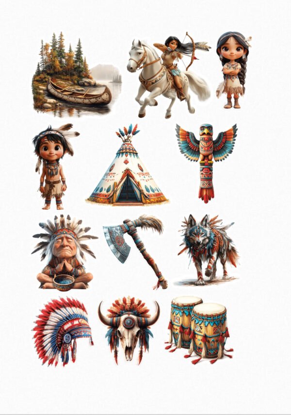 Une collection de quinze de mes stickers sur le thème des Natifs Américains, incluant un paysage avec un canoë, une guerrière à cheval, une jeune fille en costume traditionnel, un jeune garçon en costume traditionnel, un tipi, un totem, un chef indien, une hache de guerre, un loup, une coiffe de plumes, un crâne de bison orné et des tambours. crées par Véronique créatrice de stickers