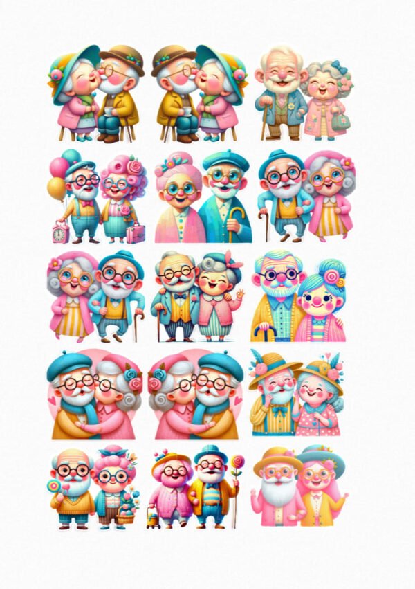 Une collection de quinze de mes stickers représentant d'adorables couples de personnes âgées dans différentes poses affectueuses et joyeuses, certains s'embrassant, se tenant la main, se faisant des câlins ou simplement souriant ensemble. crées par véronique créatrice de stickers