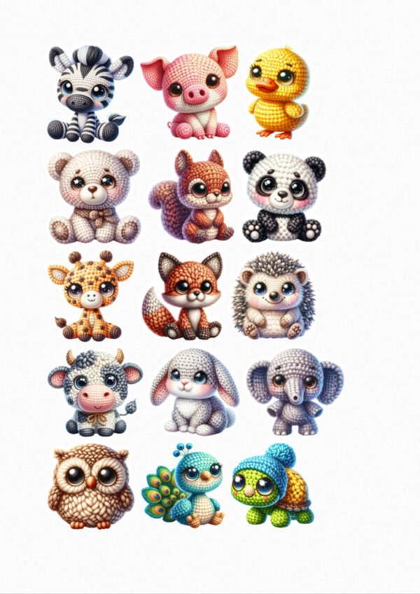 Une planche de quinze stickers représentant des animaux en peluche de style amigurumi avec de grands yeux brillants : un zèbre, un cochon, un poussin, un ours, un écureuil, un panda, une girafe, un renard, un hérisson, une vache, un lapin, un éléphant, une chouette, un paon et une tortue portant un bonnet. Chaque animal a une expression douce et attendrissante. crées par véronique, créatrice de stickers