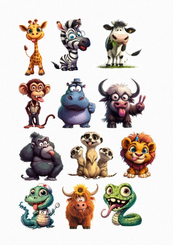 Une collection de treize de mes stickers représentant différents animaux mignons et rigolos : une girafe tirant la langue, un zèbre souriant, une vache mangeant de l'herbe, un singe faisant une grimace, un hippopotame avec un chapeau, un yack faisant le signe de la paix, un gorille assis, trois suricates debout, un lionceau tirant la langue, un crocodile docteur, un buffle d'eau avec une fleur sur la tête et un serpent aux grands yeux crées par véronique créatrice de stickers