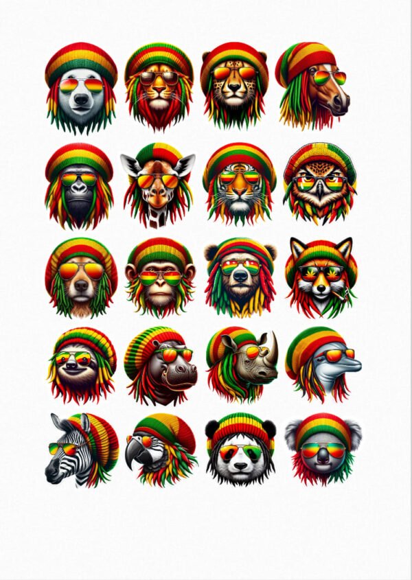 Une collection de vingt stickers représentant différents animaux (ours, lion, tigre, cheval, gorille, girafe, hibou, ours brun, singe, léopard, paresseux, hippopotame, rhinocéros, dauphin, zèbre, toucan, panda, koala) portant des bonnets rasta rayés rouge, jaune et vert, et souvent des lunettes de soleil, crées par Véronique, créatrice de stickers