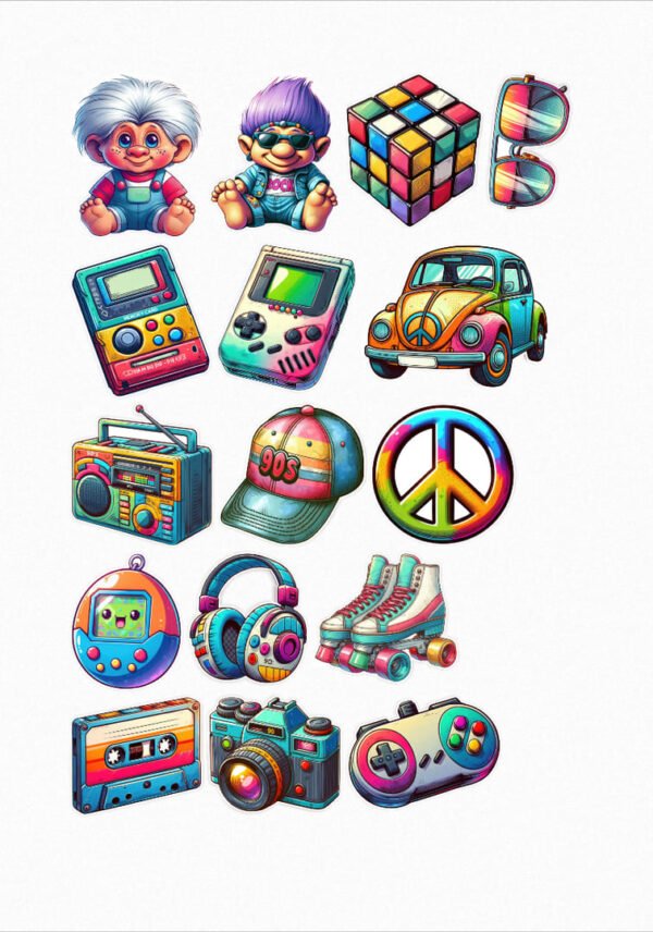 Une collection de seize stickers représentant des icônes des années 90, incluant des Trolls aux cheveux colorés, un Rubik's Cube, des lunettes de soleil à monture originale, une Game Boy, un walkman, une casquette "90's", le signe peace, des rollers, une cassette audio, un appareil photo argentique, une manette de jeu et une Volkswagen Coccinelle décorée. crées par véronique, créatrice de stickers