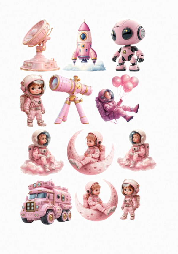 Une planche de douze stickers représentant des éléments spatiaux en rose et blanc : une antenne parabolique, une fusée, un robot, un petit astronaute, un télescope, un astronaute flottant avec des ballons, des astronautes assis sur des nuages roses, un astronaute assis sur un croissant de lune rose, un camion spatial et un autre petit astronaute debout. crées par véronique, créatrice de stickers