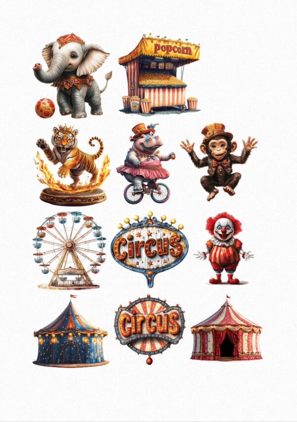 Une planche de douze stickers représentant des éléments du cirque de style cartoon et aquarelle : un éléphant en costume tenant un ballon, un stand de pop-corn, un tigre sautant à travers un cercle de feu, un hippopotame en tutu sur un monocycle, un singe en costume de maître de cérémonie, une grande roue, une enseigne lumineuse "Circus", un clown souriant, deux chapiteaux de cirque colorés et une autre enseigne "Circus" avec des lumières. crées par véronique, créatrice de stickers
