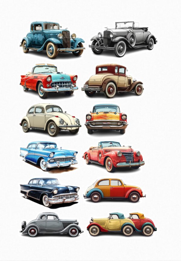 Une collection de douze de mes stickers représentant différentes voitures rétro et classiques de diverses époques et styles, incluant des modèles américains et européens, des coupés, des cabriolets et des berlines, dans une variété de couleurs. crées par véronique, créatrice de stickers