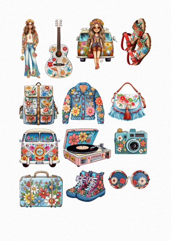 Planche de stickers au style bohème et vintage, avec van fleuri, guitare, vêtements hippies, appareil photo rétro et accessoires colorés.