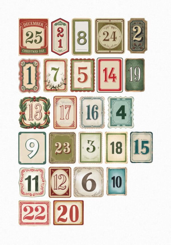 Une planche de vingt-cinq stickers de calendrier de l'Avent, comprenant les chiffres de 1 à 25 dans différents styles festifs (rouge, vert, or) crées par véronique, créatrice de stickers