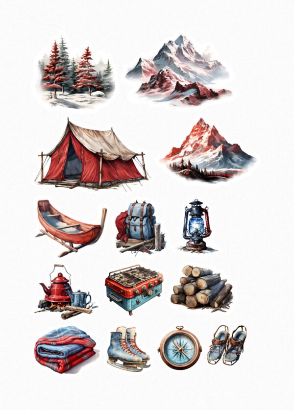 Une collection de quinze de mes stickers sur le thème du camping d'hiver, incluant des sapins enneigés, des montagnes enneigées, une tente, un feu de camp, un canoë, un sac à dos, une lanterne, une théière et une tasse, un réchaud de camping, du bois de chauffage, une couverture pliée, des patins à glace, une boussole et des raquettes à neige. crées par véronique, créatrice de stickers