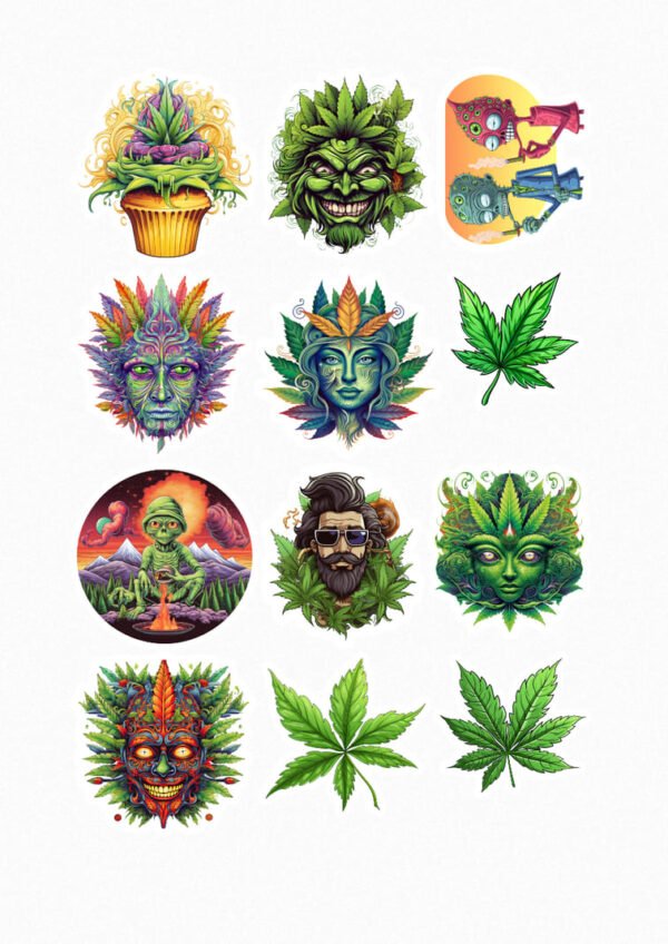 Planche de stickers aux visages psychédéliques et feuilles vertes inspirées de l’univers cannabis, ambiance colorée et décalée, crée par Véronique, créatrice de stickers