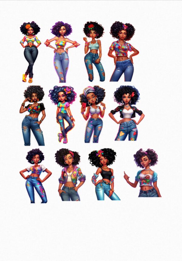 Une planche de douze stickers représentant des jeunes femmes aux cheveux afro bouclés dans des poses variées et portant des vêtements décontractés et colorés crées par Véronique, créatrice de stickers