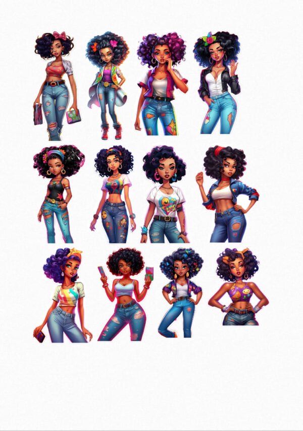 "Une planche de douze stickers représentant des jeunes femmes stylées avec des coiffures afro bouclées, portant des tenues modernes et variées, avec des expressions confiantes et des accessoires de mode. crées par Véronique, créatrice de stickers