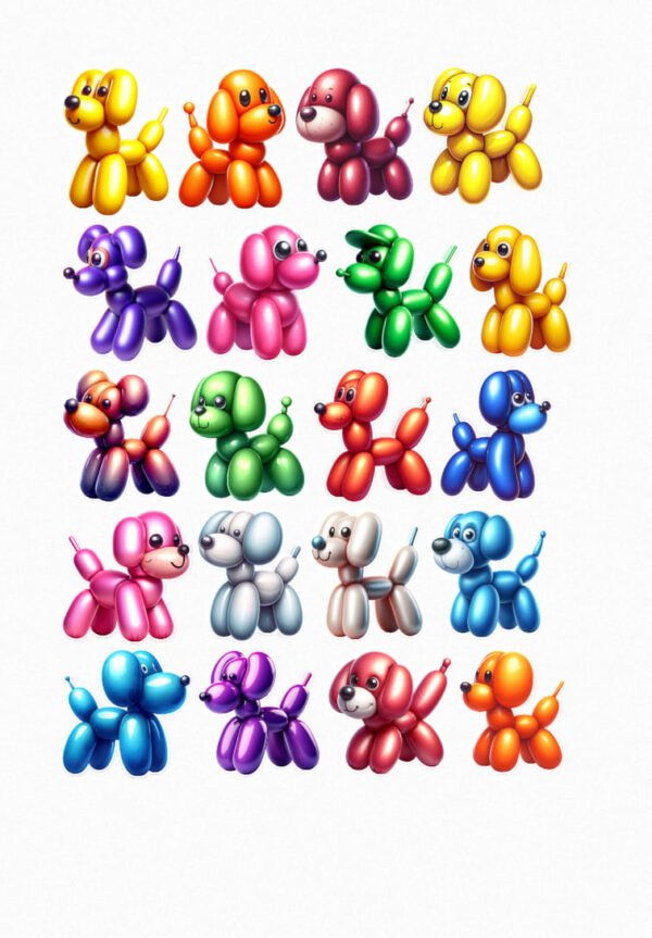 Une collection de vingt stickers représentant des chiens modelés en ballons de différentes couleurs (jaune, orange, rouge, violet, rose, vert, bleu, gris, marron) avec des formes amusantes et des expressions adorables. crées par véronique créatrice de stickers
