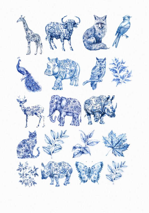 Une collection de vingt-trois de mes stickers représentant divers animaux (girafe, buffle, renard, oiseau, paon, rhinocéros, éléphant, cerf, chat, papillon) et des éléments naturels (feuilles, fleurs) dans un style d'illustration détaillé en bleu sur fond blanc, évoquant la faïence de Delft crées par véronique, créatrice de stickers