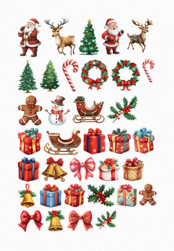 Une collection de trente-deux de mes stickers de Noël traditionnels, incluant des Pères Noël, des rennes, des sapins de Noël, des couronnes de Noël, des cannes de Noël, un bonhomme de neige, un bonhomme en pain d'épice, un traîneau, du houx, des cadeaux, des cloches et des nœuds. crées par véronique, créatrice de stickers