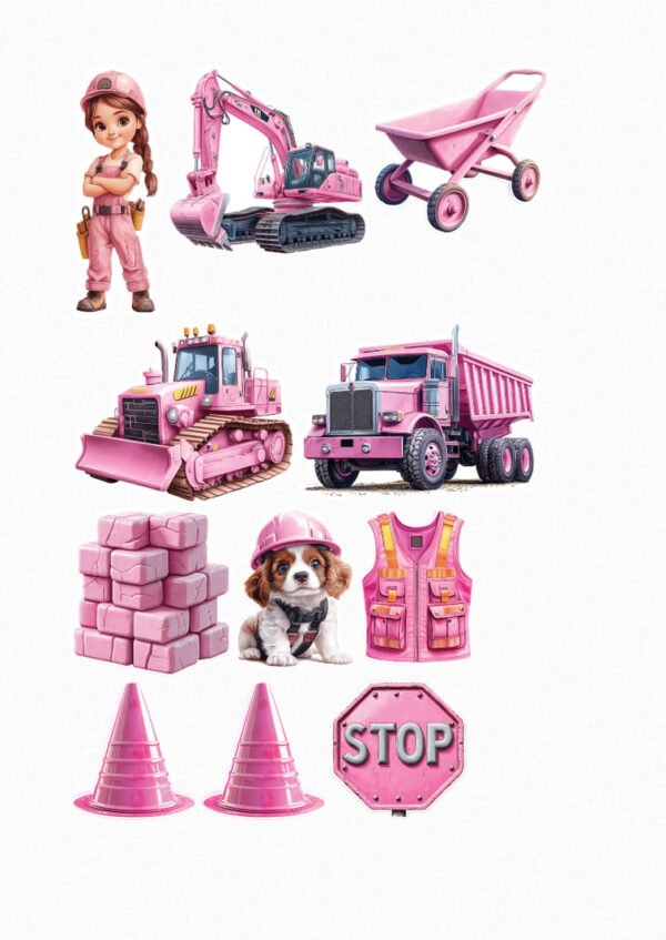 Une planche de onze stickers représentant des éléments de chantier de construction en rose : une jeune femme ouvrière du bâtiment avec un casque rose, une excavatrice rose, une brouette rose, un bulldozer rose, un camion-benne rose, des briques roses, un adorable chiot avec un casque de chantier rose, un gilet de sécurité rose, deux cônes de signalisation roses et un panneau "STOP" rose crées par véronique, créatrice de stickers