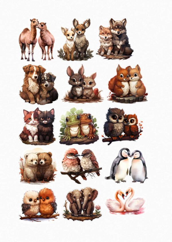 Une planche de quinze stickers représentant des couples d'animaux mignons de style aquarelle : deux chameaux, deux renards, deux chiens, deux lapins, deux écureuils, deux chats, deux grenouilles, deux hiboux, deux oursons, deux oiseaux, deux pingouins, deux poussins et deux cygnes. Chaque couple est représenté dans une pose affectueuse. crées par véronique, créatrice de stickers