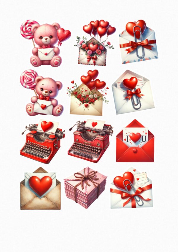Une collection de quatorze de mes stickers sur le thème de la Saint-Valentin, incluant des ours en peluche tenant des lettres et des sucettes en forme de cœur, des enveloppes remplies de cœurs et de fleurs, des ballons en forme de cœur, des machines à écrire avec des cœurs, des lettres d'amour et des piles de lettres ficelées. crées par véronique créatrice de stickers
