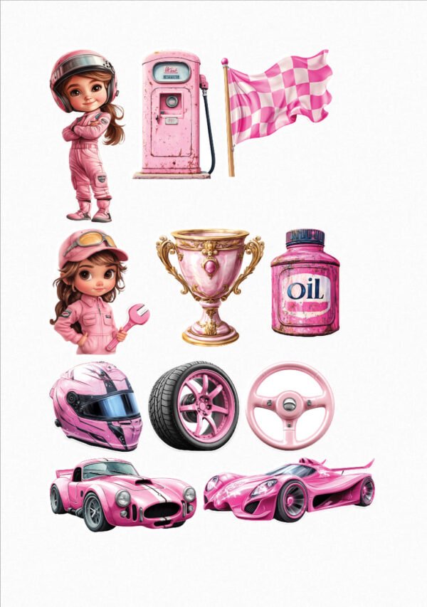 Une collection de onze de mes stickers sur le thème de la course automobile en rose, incluant deux jeunes pilotes en combinaison rose avec des casques, un drapeau à damier rose et blanc, un trophée rose et or, une bouteille d'huile rose, un volant rose, deux voitures de course roses élégantes et rapides, un casque de course rose et noir et une station essence rose vintage. crées par véronique, créatrice de stickers
