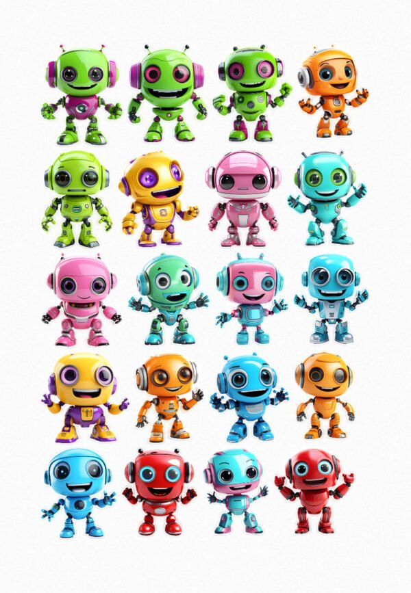 Une collection de vingt-quatre de mes stickers représentant des robots mignons et colorés (vert, jaune, rose, bleu, orange, rouge) avec des designs variés, des antennes, des yeux expressifs et des sourires. crées par véronique, créatrice de stickers et de pochoirs