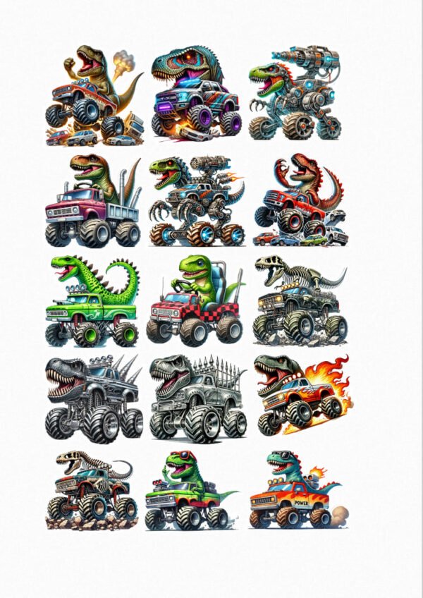 Une planche de quinze stickers représentant des dinosaures T-Rex de style cartoon intégrés à des monster trucks. Chaque dino-truck a un design unique avec des couleurs variées, des accessoires mécaniques (turbines, lance-flammes, etc.) et des expressions dynamiques. Certains crachent du feu ou de la fumée. crées par véronique, créatrice de stickers