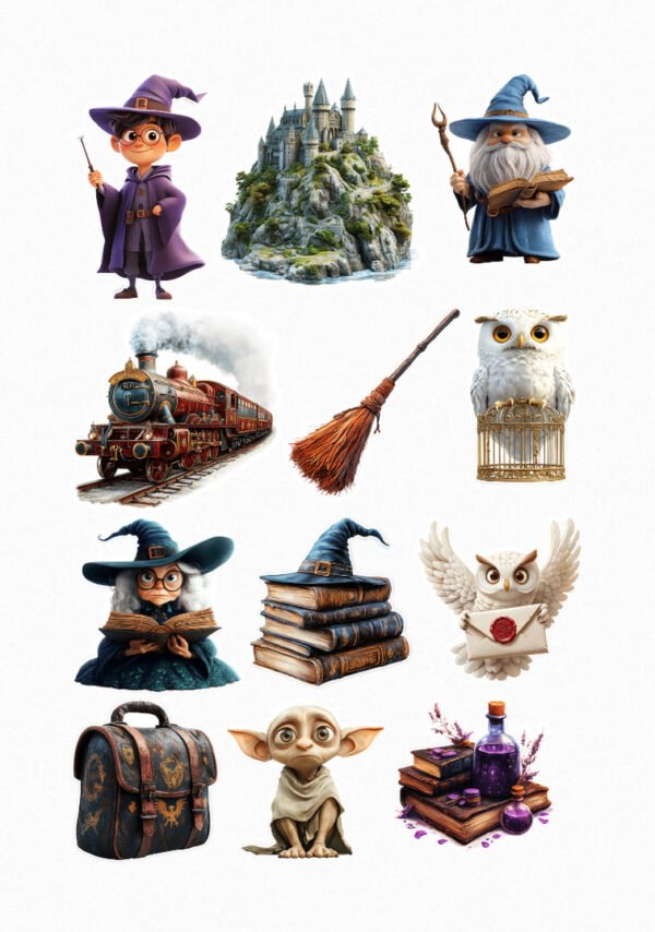 Une collection de quinze de mes stickers sur le thème d'une école de magie, incluant des sorciers avec des baguettes et des chapeaux, un château magique sur un rocher, un train à vapeur, une chouette messagère avec une lettre, des lettres scellées, des baguettes magiques, un chapeau de sorcier posé sur des livres, une créature magique aux grands yeux, un balai, une valise et des potions magiques. crées par véronique, créatrice de stickers