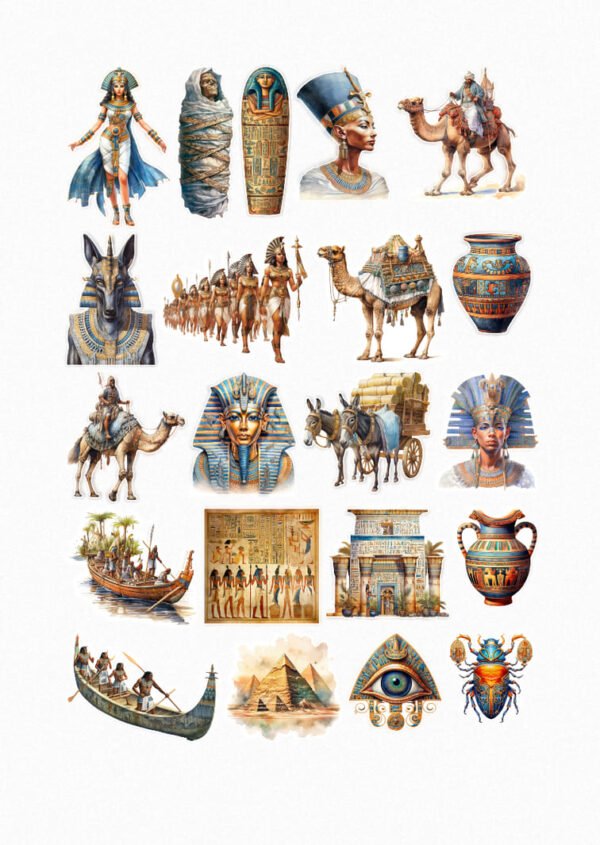 Une collection de vingt-quatre de mes stickers sur le thème de l'Égypte ancienne, incluant une reine égyptienne, une momie, un sarcophage, un pharaon sur un chameau, Anubis, une procession égyptienne, un chameau chargé, un vase canope, un pharaon sur un chameau, le masque de Toutânkhamon, un âne tirant une charrette, une reine égyptienne, un bateau sur le Nil, des hiéroglyphes, un temple égyptien, un vase canope, un bateau sur le Nil, les pyramides d'Égypte, l'œil d'Horus et un scarabée. crées par véronique créatrice de stickers