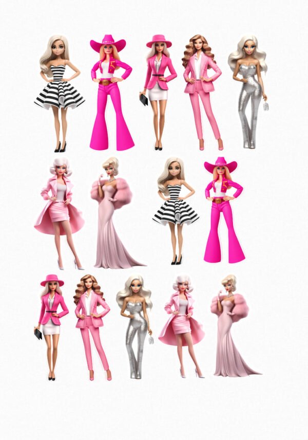 Une planche de stickers représentant douze poupées mannequins aux styles vestimentaires variés et élégants : robes de soirée scintillantes, tailleurs pantalons colorés, ensembles robes et vestes, combinaisons futuristes, dans des tons de rose, d'argenté et de noir et blanc crées par véronique, créatrice de stickers