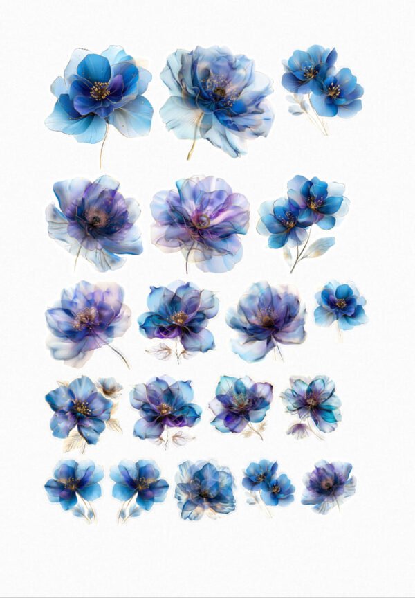 Une collection de vingt de mes stickers représentant des fleurs bleues délicates dans différentes nuances de bleu, allant du bleu clair au bleu indigo, avec parfois des touches de violet et de gris. crées par véronique, créatrice de stickers
