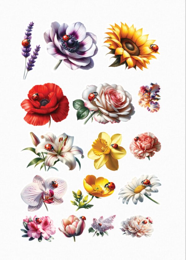 Une planche de stickers présentant une variété de fleurs colorées telles que de la lavande, une anémone, un tournesol, un coquelicot, une rose, une petite fleur violette, un lys, une jonquille, une pivoine, une orchidée, une tulipe jaune, une marguerite, une petite fleur rose, une tulipe rose, du lilas et une autre petite fleur rose, chacune agrémentée d'une ou plusieurs coccinelles rouges à pois noirs crées par véronique créatrice de stickers