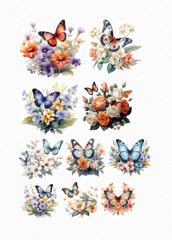 Une collection de douze de mes stickers représentant des papillons de différentes espèces et couleurs (orange, bleu, brun) associés à des arrangements floraux de style bohème avec des fleurs aux couleurs riches et variées (orange, violet, jaune, blanc, rose) et des feuillages délicats. crées par véronique, créatrice de stickers