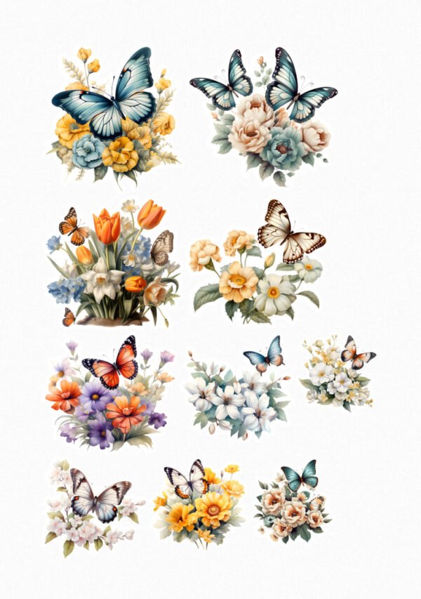 Une collection de douze de mes stickers représentant des papillons de différentes espèces et couleurs (bleu, orange, brun) associés à des arrangements floraux variés incluant des roses, des tulipes, des marguerites et d'autres fleurs aux couleurs pastel et vives (blanc, jaune, orange, rose, violet) crées par véronique, créatrice de stickers