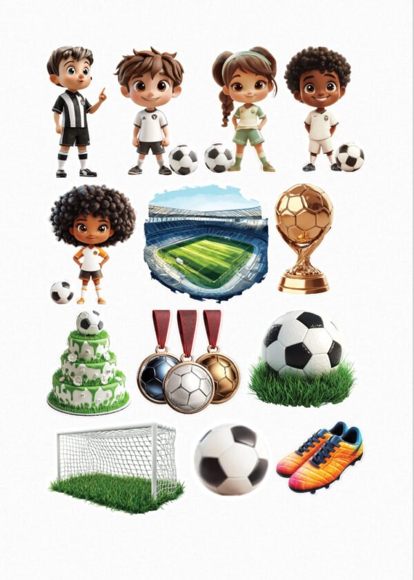 Une collection de quinze de mes stickers sur le thème du football pour enfants, incluant des garçons et des filles footballeurs avec des ballons, un terrain de football vu du ciel, un trophée doré, un gâteau décoré sur le thème du football, trois médailles (or, argent, bronze), un ballon de football sur de l'herbe, un but de football et des chaussures de football colorées. crées par véronique, créatrice de stickers