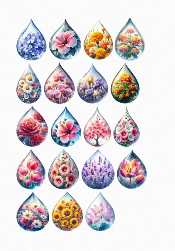 Une collection de dix-huit de mes stickers représentant différentes fleurs (hortensias, hibiscus, soucis, chrysanthèmes, marguerites, orchidées, iris, coquelicots, roses, tulipes, pivoines, lavande, lotus, tournesols) capturées à l'intérieur de gouttes d'eau transparentes crées par véronique, créatrice de stickers