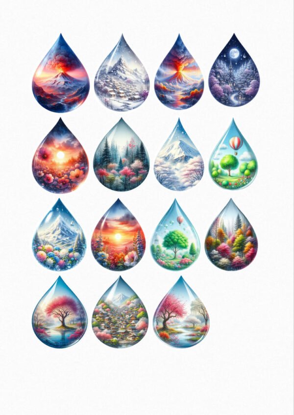 Une planche de seize stickers représentant des paysages imaginaires et naturels capturés dans des formes de gouttes d'eau de style aquarelle : un volcan en éruption au coucher du soleil, des montagnes enneigées, un autre volcan en éruption, un paysage nocturne enneigé au clair de lune, un champ de fleurs au lever du soleil, une forêt de pins enneigée, des montagnes enneigées avec un lac, un paysage verdoyant avec une montgolfière, des montagnes enneigées avec des fleurs, une forêt au coucher du soleil, un arbre sur une colline avec un ballon, une forêt d'automne, un arbre rose au bord d'un lac, un village au pied des montagnes enneigées, un autre arbre rose au bord d'un lac et un champ de fleurs colorées. crées par véronique, créatrice de stickers