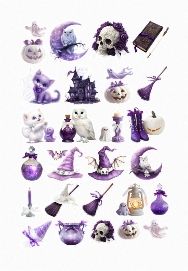 Une planche de vingt-quatre stickers représentant des éléments d'Halloween de style aquarelle et aux tons violets : des fantômes mignons, des chats violets (un dans une toile d'araignée, un avec un nœud), des hiboux blancs perchés sur des croissants de lune, des crânes décorés de fleurs violettes, un vieux grimoire avec une plume, des maisons hantées violettes, des citrouilles souriantes (blanche et orange), des balais de sorcière, des chaudrons fumants, des potions violettes, des chauves-souris, des chapeaux de sorcière violets et blancs, des bougies, des bottes de pluie violettes et une lanterne. crées par véronique créatrice de stickers