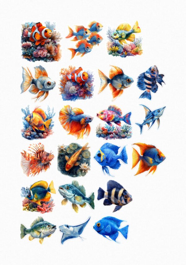 Une collection de vingt-quatre de mes stickers représentant divers poissons tropicaux colorés, incluant des poissons clowns, des poissons combattants, des poissons anges, des poissons lions, des poissons chirurgiens, des poissons perroquets et d'autres espèces aux motifs et couleurs variés, certains évoluant près de coraux crées par véronique, créatrice de stickers