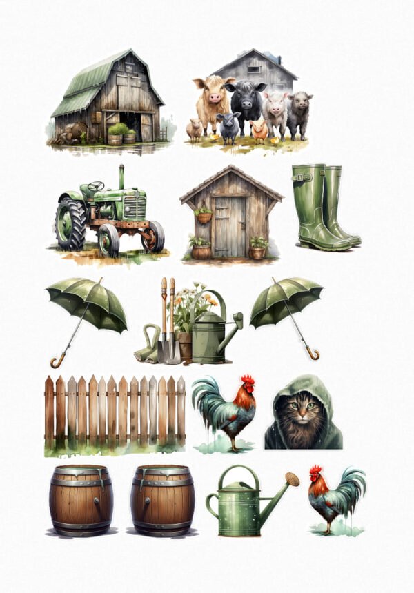 Une collection de quinze de mes stickers sur le thème de la ferme sous la pluie, incluant une grange, une maison de ferme avec des vaches, des cochons et des poulets, un tracteur vert, un abri de jardin, des bottes de pluie, deux parapluies, des outils de jardinage, une clôture en bois, deux coqs, un chat avec une capuche, deux barils en bois et un arrosoir. crées par véronique, créatrice de stickers