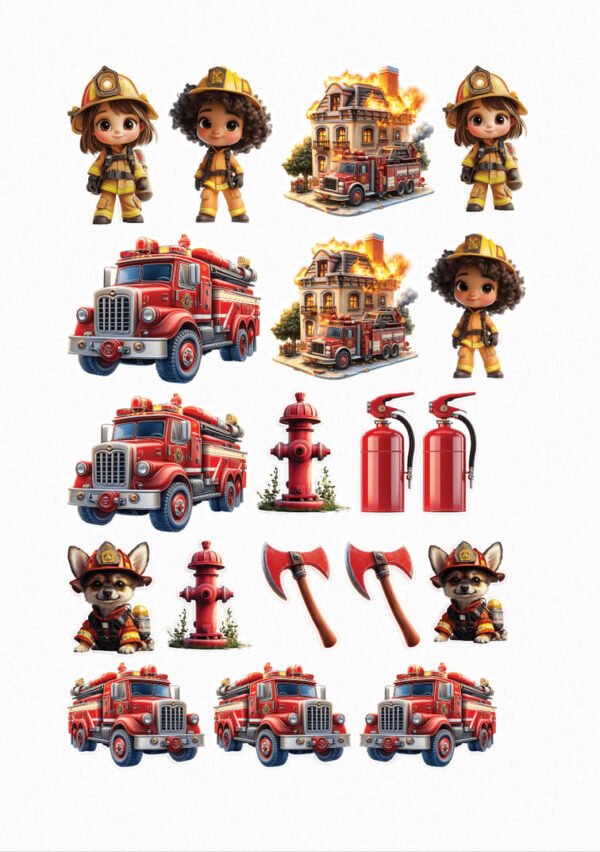 Une planche de seize stickers représentant des éléments liés aux pompiers de style cartoon : des pompiers enfants (garçons et filles) en uniforme, des camions de pompiers rouges, des maisons en feu, des bouches d'incendie, des extincteurs et des haches. On voit également d'adorables chiens pompiers avec des casques. crées par véronique, créatrice de stickers