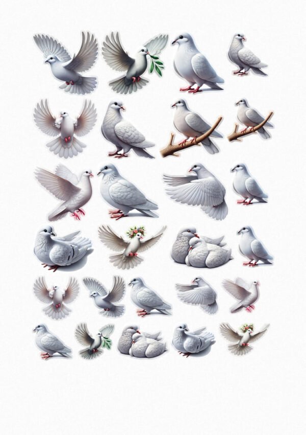 Une planche de stickers présentant une variété de colombes blanches de style réaliste dans différentes poses : en vol, perchées sur des branches, avec un rameau d'olivier, avec une couronne de fleurs, en couple, symbolisant la paix et la sérénité. crées par véronique, créatrice de stickers
