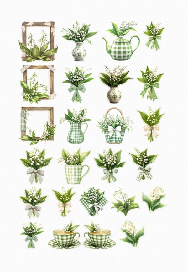 Planche de stickers muguet style champêtre avec bouquets, vases, tasses, cadres bois et théières vertes décorées de fleurs de printemps. crées par Véronique, créatrice de stickers
