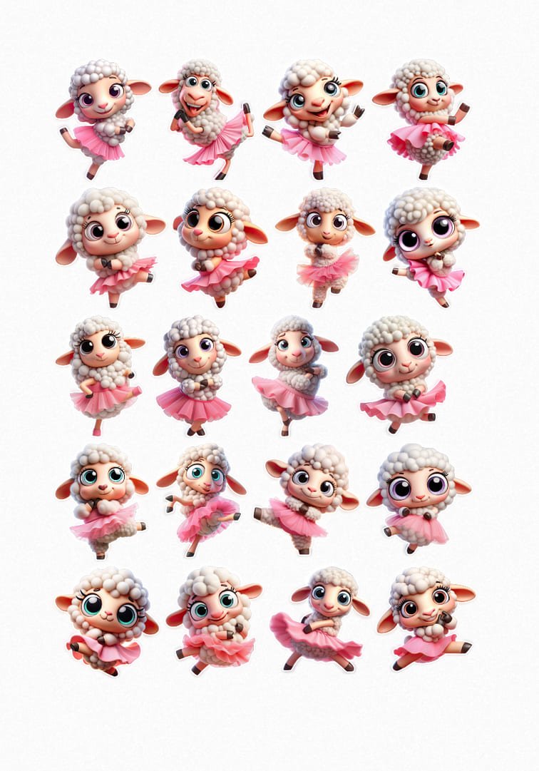 Une collection de vingt de mes stickers représentant de petits moutons blancs et duveteux portant des tutus roses et dansant différentes poses de ballet, avec des expressions mignonnes et de grands yeux brillants. crées par véronique, créatrice de stickers