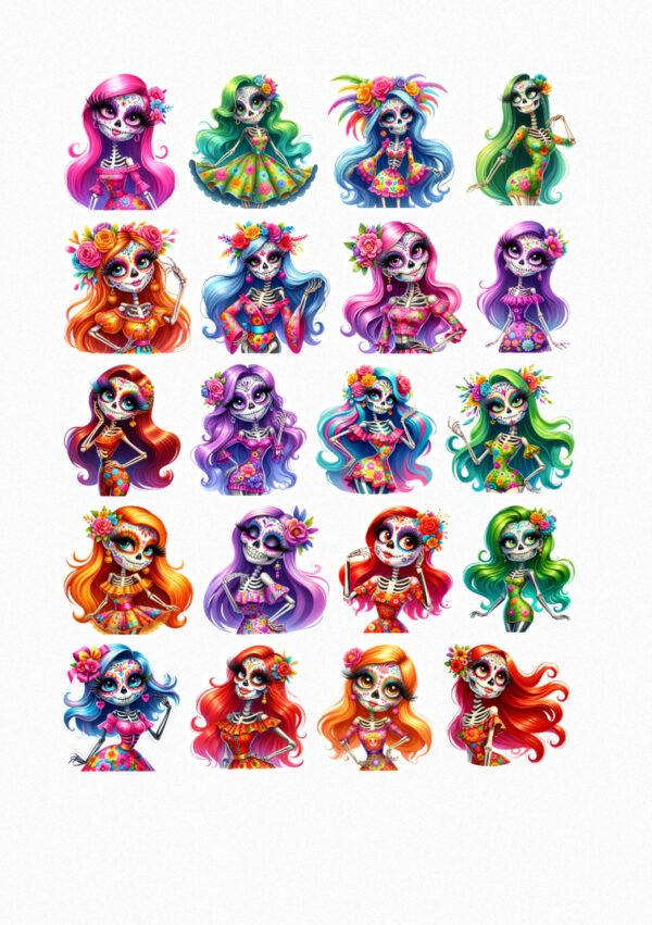 Une collection de vingt-quatre de mes stickers représentant des Catrinas (femmes squelettes élégantes) avec des maquillages colorés et sophistiqués, ornées de fleurs vibrantes dans leurs cheveux et portant des robes festives aux couleurs vives crées par véronique créatrice de stickers