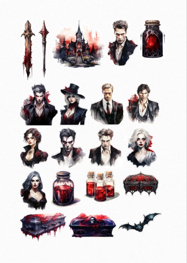Une planche de vingt stickers représentant des éléments de l'univers des vampires de style aquarelle : des pieux ensanglantés, un château gothique dans un paysage rougeoyant, des portraits de vampires (hommes et femmes) avec des regards perçants et des tenues sombres et élégantes, des fioles et des bocaux remplis de liquide rouge (sang), un cercueil orné, un autre cercueil ouvert révélant un squelette de vampire, et une chauve-souris noire en vol. crées par véronique, créatrice de stickers