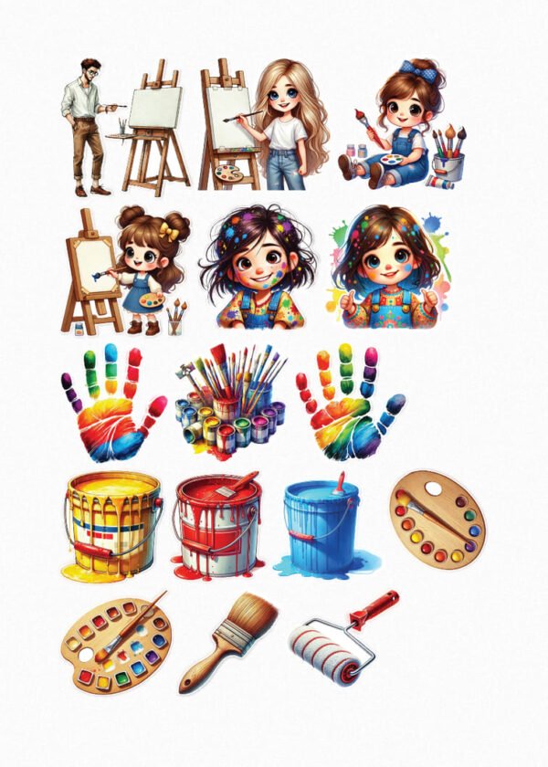 "Une collection de dix-neuf stickers sur le thème de la peinture et des artistes, incluant des enfants peignant sur des chevalets, des mains tachées de peinture arc-en-ciel, des pots de peinture de différentes couleurs, des palettes de peinture, des pinceaux et un rouleau. crées par véronique, créatrice de stickers