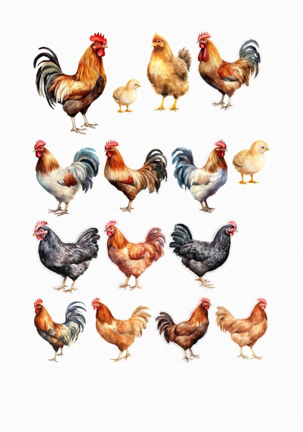 Une planche de stickers présentant une variété de poules, de coqs et de poussins de style réaliste dans différentes couleurs (roux, blanc, noir, gris) et poses (debout, picorant) crées par véronique créatrice de stickers