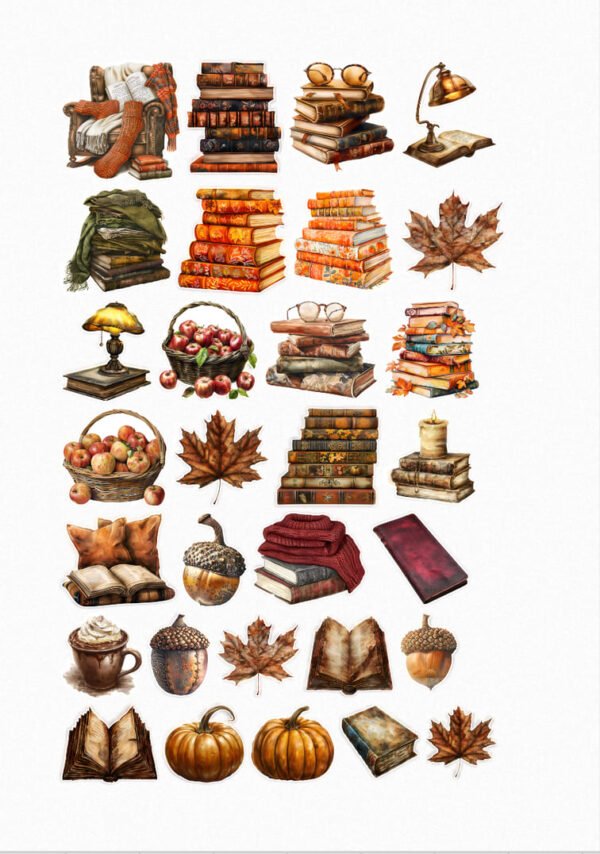 Une collection de stickers sur le thème de l'automne et de la lecture cosy, incluant des piles de livres, des feuilles d'érable et de chêne aux couleurs automnales, des citrouilles, des glands, un fauteuil avec un plaid, une tasse de chocolat chaud et des paniers de pommes. crées par Véronique, créatrice de stickers