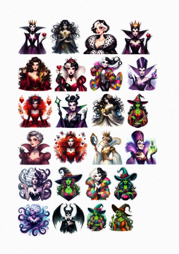 Une planche de stickers présentant une variété de personnages féminins de style cartoon représentant des méchantes iconiques : reines maléfiques avec des couronnes et des capes, sorcières avec des chapeaux pointus, femmes fatales avec des cartes à jouer, créatures des mers avec des tentacules, dans des poses expressives et théâtrales. crées par véronique, créatrice de stickers