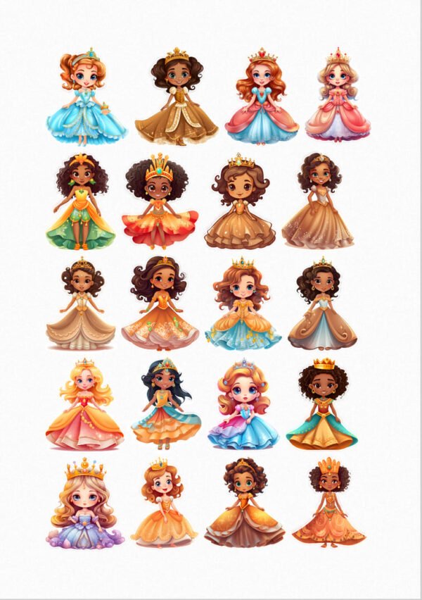 Une planche de vingt stickers représentant des mini-princesses de style cartoon avec de grands yeux expressifs, portant des robes de bal colorées et des couronnes étincelantes. Chaque princesse a une coiffure, une couleur de peau et une robe uniques, évoquant la diversité et la magie des contes de fées. crées par véronique, créatrice de stickers